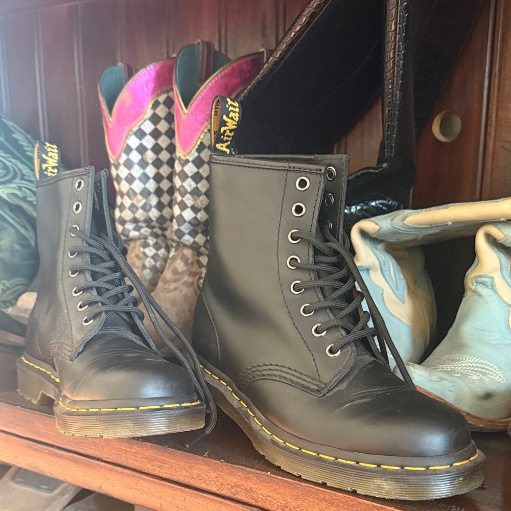 Dr. Martens Black Leather Boots with Yellow Stitching
